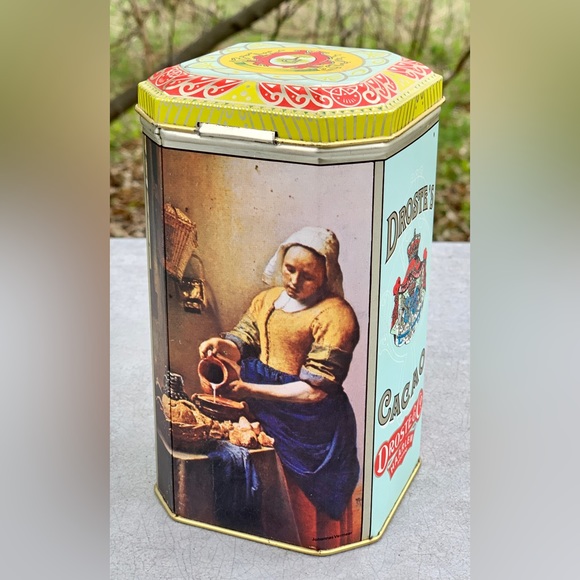 Vintage 10 oz DROSTE COCOA Hinge Lidded Tin Litho Illustrated Pantry Box - Picture 9 of 14